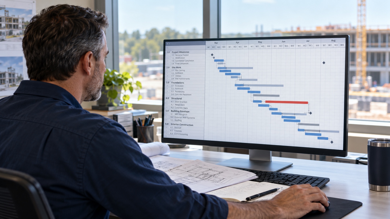 Construction schedule being reviewed on a monitor