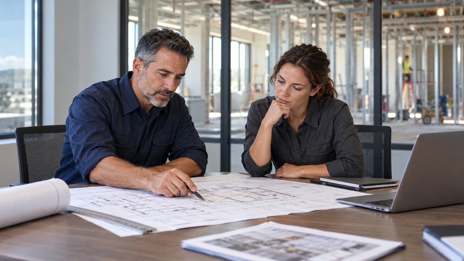 Construction plans being reviewed at a worktable